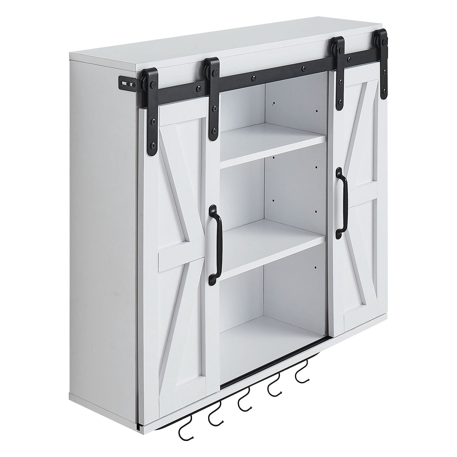 KFFKFF Bathroom Wall Cabinet with Adjustable Shelf, 2 Doors, and Open Storage Space, Wall-Mounted Organizer with Towel Bar and Hooks for Bathroom, Laundry Room, or Kitchen, White