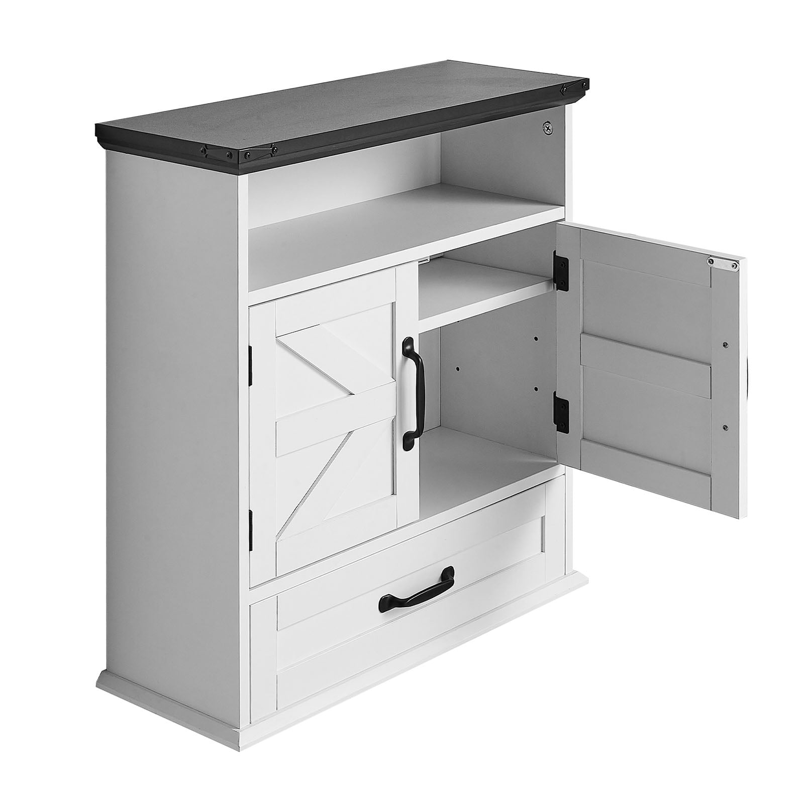 KFFKFF Bathroom Wall Cabinet with Adjustable Shelf, Over-the-Toilet Storage, Wall-Mounted Organizer with Drawer and Open Partition for Kitchen, Laundry Room, or Restroom, White