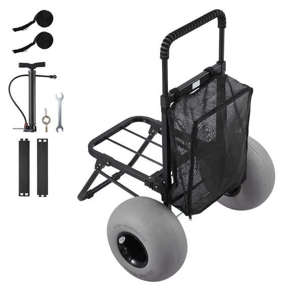 KFFKFF Beach Cart with Large Wheels for Sand, 18" x 15" Cargo Platform, Foldable Sand Trolley with 12" Balloon Tires, 165 lbs Load Capacity & Adjustable Height from 34" to 45", Durable Cart for Beach