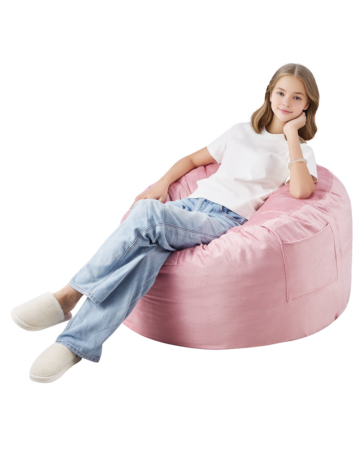KFFKFF Bean Bag Seat, 3-foot Circular Bean Bag with Detachable and Cleanable Cover, 25D Memory Foam Packed with Gentle and Silky Dutch Velvet, Bean Bag for Sleeping Room or Game Room, Rose