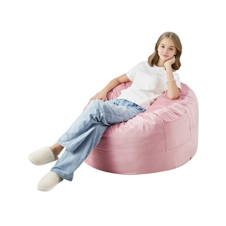 KFFKFF Bean Bag Seat, 3-foot Circular Bean Bag with Detachable and Cleanable Cover, 25D Memory Foam Packed with Gentle and Silky Dutch Velvet, Bean Bag for Sleeping Room or Game Room, Rose