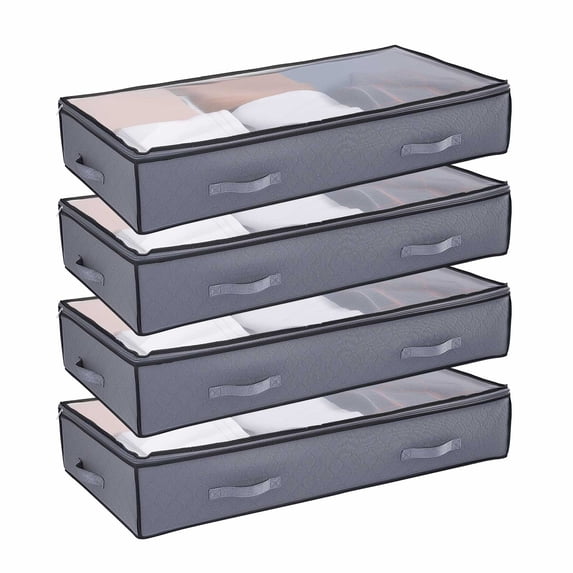 KFFKFF Under Bed Storage with Transparent Lids, 39.2 x 19.7 x 7.1 Inch, 90L Large Capacity Containers, Slim Underbed Drawer and Organizer for Shoes, Blankets, and Bedroom Essentials, Set of 4