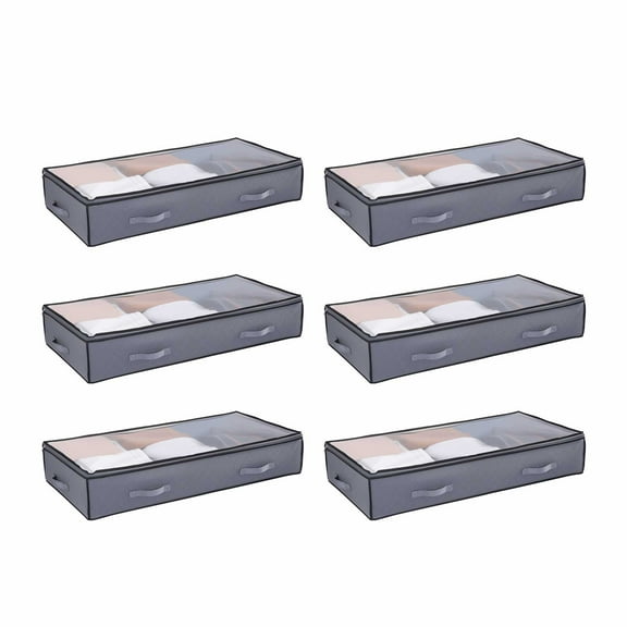 KFFKFF Under Bed Storage with Transparent Lids, 39.2 x 19.7 x 7.1 Inch, 90L Large Capacity Containers, Slim Underbed Organizer for Clothes, Shoes, Blankets, and Bedroom Essentials, Set of 6