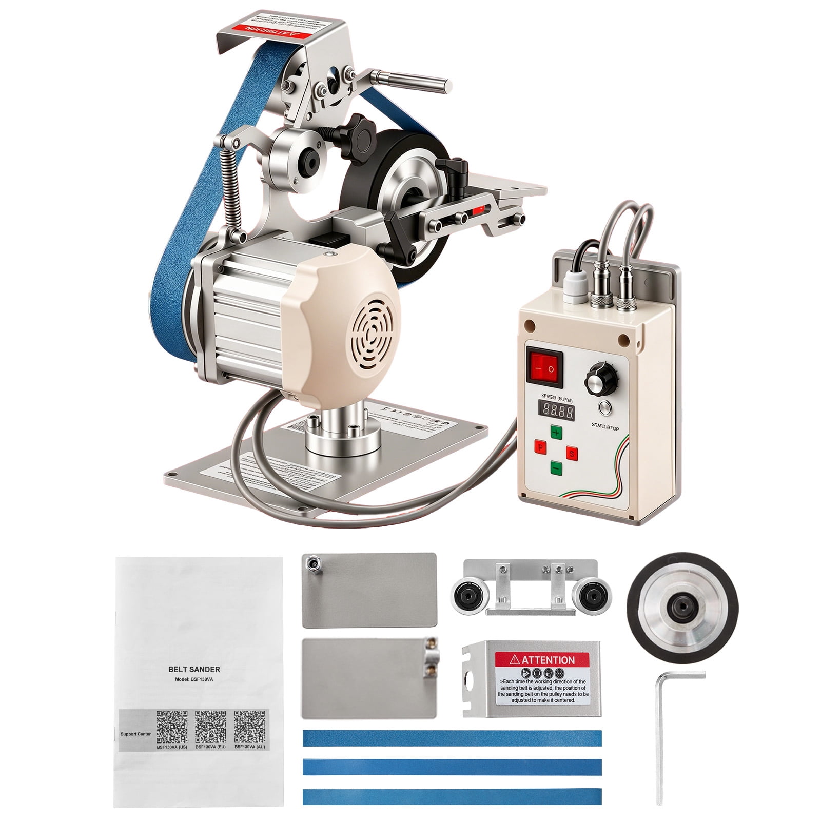 KFFKFF Belt Grinder Sander with VFD, 30 x 1-Inch Adjustable Speed Belt Polisher, 550W Grinding Machine with Dual Modes & 3 Sanding Belts for Metalworking and Knife Crafting
