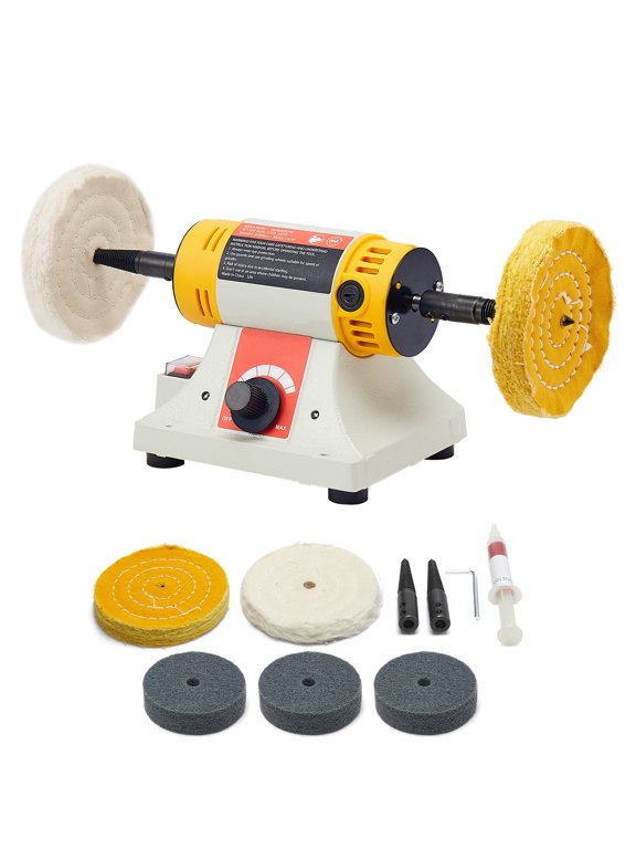 Bench Buffer Polisher, 1/2HP Machine for Polishing and Buffing, Adjustable Speed 0-8000RPM with 2 Cotton Wheels, 3 Abrasive Fiber Wheels, and Polishing Compound for Metal, Jewelry, and Wood