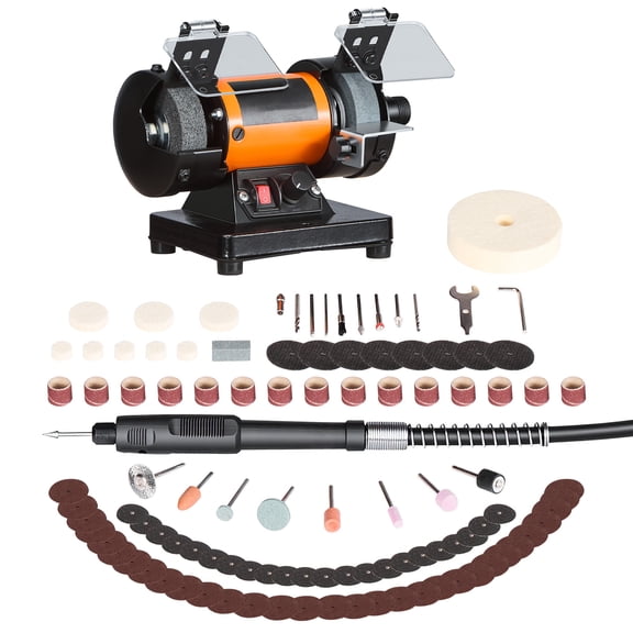 KFFKFF Bench Buffer Polisher with Adjustable Speed, Polishing and Buffing Machine Featuring Grinding, Fiber, and Wool Wheels, Includes 100-Piece Accessory Kit for Jewelry, Wood, Metal, Stone