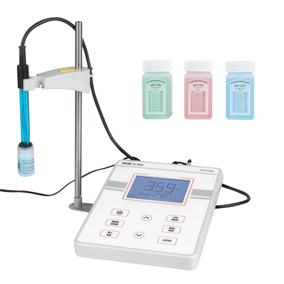 KFFKFF Benchtop pH Meter, 0-14 pH Range, Lab Testing Kit with Backlit Display, Calibration Solutions, Power Adapter, Stores 50 Readings, Ideal for Water Quality and Temperature Analysis