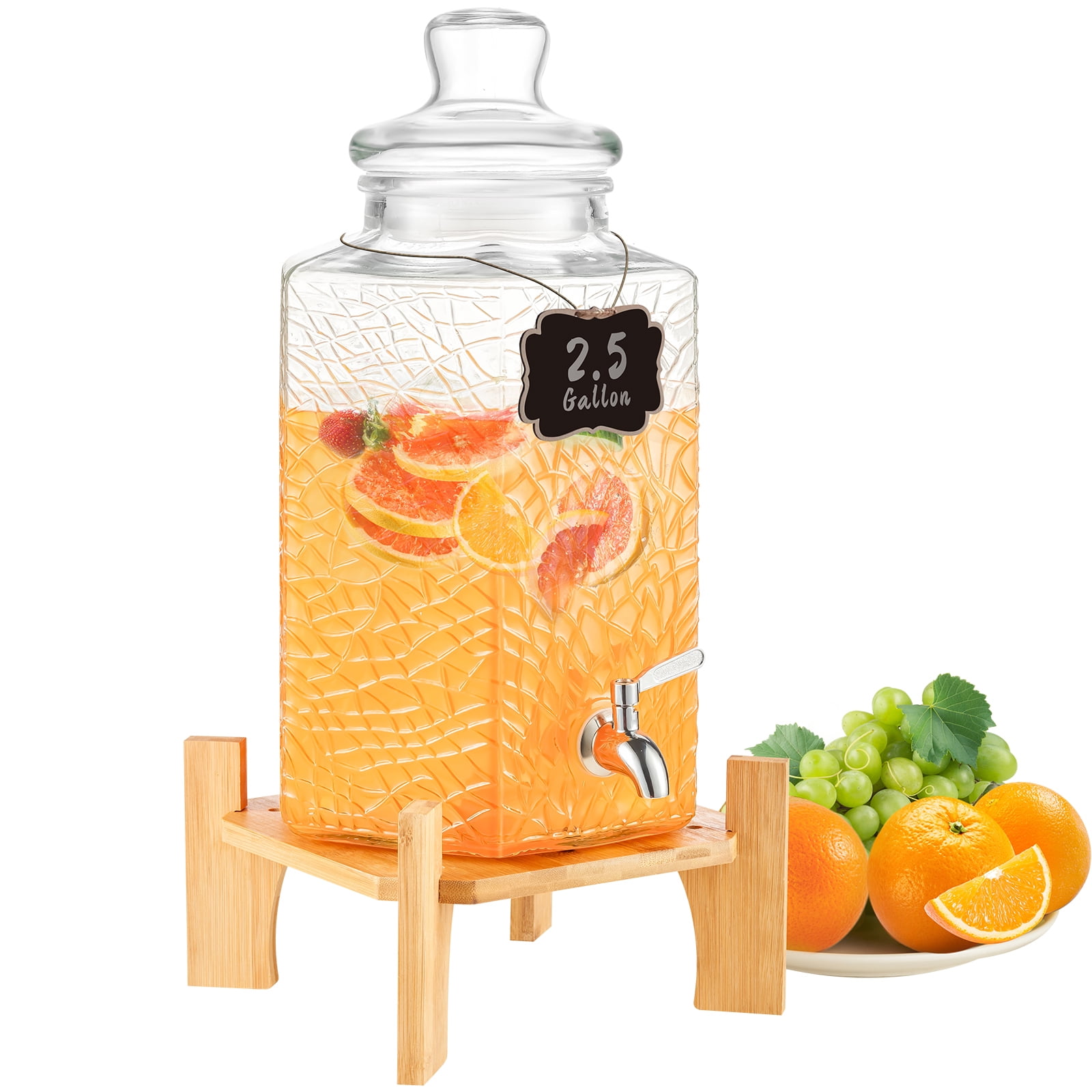 KFFKFF Beverage Server, 2.5 Gallon Party Drink Holder, Glass Beverage Container on Stand, Stainless Spout, for Iced Tea, Lemonade, Water, Suitable for Restaurants, Hotels, Gatherings