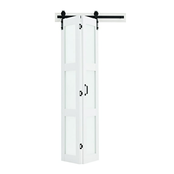 KFFKFF Bifold Barn Door, 36" x 84", Frosted Glass Door with Header Board and Hardware Kit, Space-Efficient Design, Pre-Assembled Panels, Durable & Quiet, White