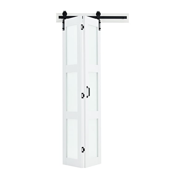 KFFKFF Bifold Barn Door, 36" x 84", Frosted Glass Door with Header Board and Hardware Kit, Space-Efficient Design, Pre-Assembled Panels, Durable & Quiet, White