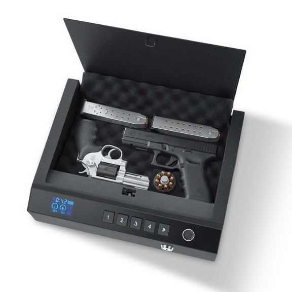 KFFKFF Biometric Handgun Safe with Bluetooth, Quick Access for 2 Pistols and Magazines, Durable Steel Build, Automatic Lighting, Silent Mode, Black