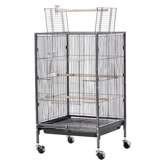 KFFKFF Bird Cage, 18 x 18 x 30 inch, Open Flat Top Design, Durable Wrought Iron Construction with Perches, Removable Tray, Feeders, and Wheels, Suitable for Parrots, Blue Tits, Cockatiels, Canaries