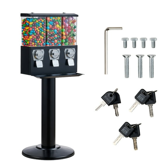 KFFKFF Black Gum Ball with Stand Vending Machine 44in Height Freestanding Commercial 25 Cents Coin Operated Gumball Bank 3 Compartment Candy Dispenser Vintage Candy Dispenser