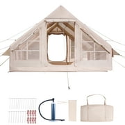 KFFKFF Inflatable Camping Tent for 5-8 Person, 13.12 x 9.84 x 6.56 Ft 300D Oxford Fabric Glamping Blow up Tent with Hand Pump, Waterproof Air Tent with Stove Jack