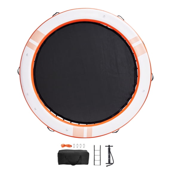 KFFKFF Blow-Up Floating Station, ø8FT Inflatable Water Platform with ø5FT Trampoline Mesh Pool, Anti-Slip Floating Water Mat, Comes with Handy Carry Bag & Removable Staircase for Poolside