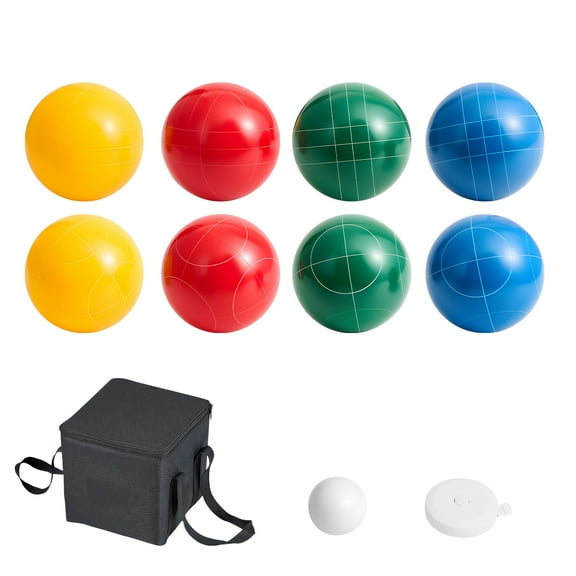 KFFKFF Bocce Ball Set, 90 mm, Includes 8 Resin Balls, Pallino, Carry Bag, and Measuring Rope, 4 Colors: Red/Green/Blue/Yellow, Suitable for 2-8 Players, Ideal for Beach, Lawn, and Backyard Games