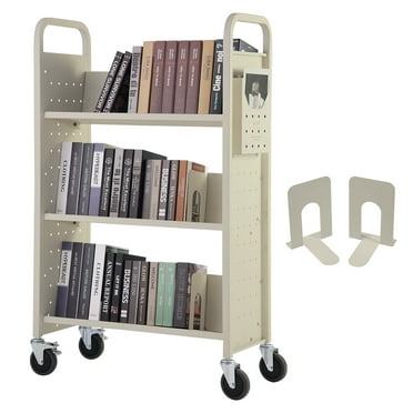KFFKFF Book Cart Library Cart 330 lbs Capacity with V-Shaped Shelves in Cream