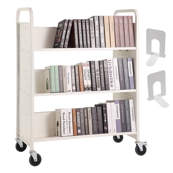 KFFKFF Book Trolley, 330 lbs Capacity, 39.4" x 20.1" x 49.2" Mobile Library Cart, Dual-Sided W-Design Sloping Shelves & 4" Locking Casters for Home, Office, School Use, White Book Carrier
