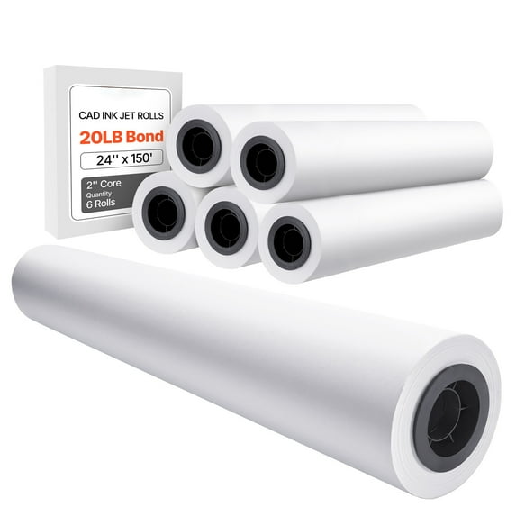 KFFKFF Broad Scope Paper, 24 inches x 150 feet Drafting Paper, 6 Pack CAD Bond Rolls with 2-inch Core, 20 LB Bond Paper Rolls, Suitable for CAD Sketches, Engineering Blueprints, GIS Cartography