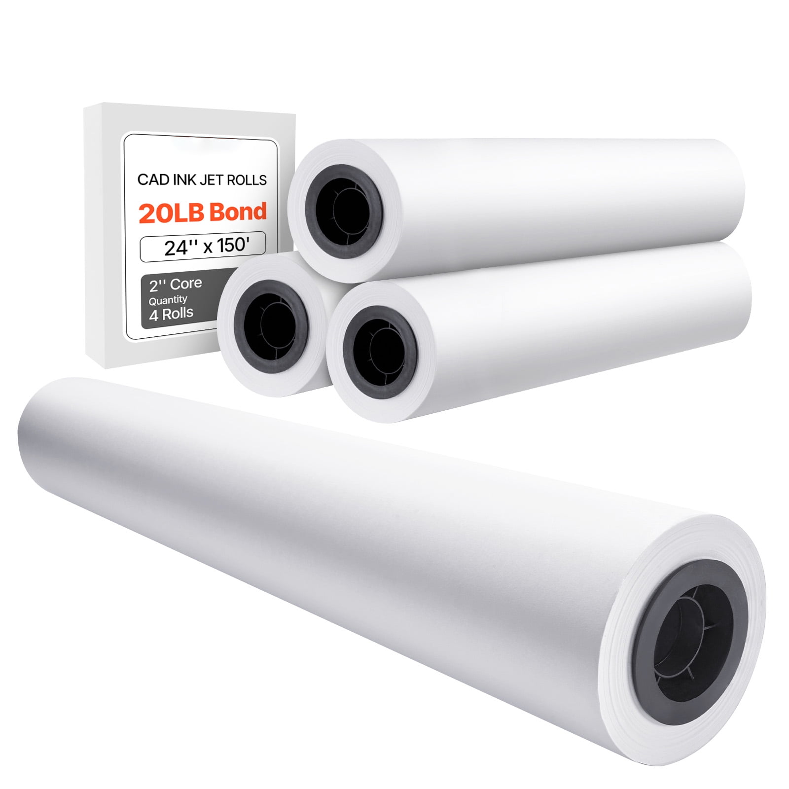 KFFKFF Broad Spectrum Paper, 24 inches by 150 feet Drafting Paper, Set of 4 CAD Bond Rolls with 2-inch Core, 20 LB Bond Paper Rolls, Suitable for CAD Sketches, Engineering Blueprints, GIS Cartography