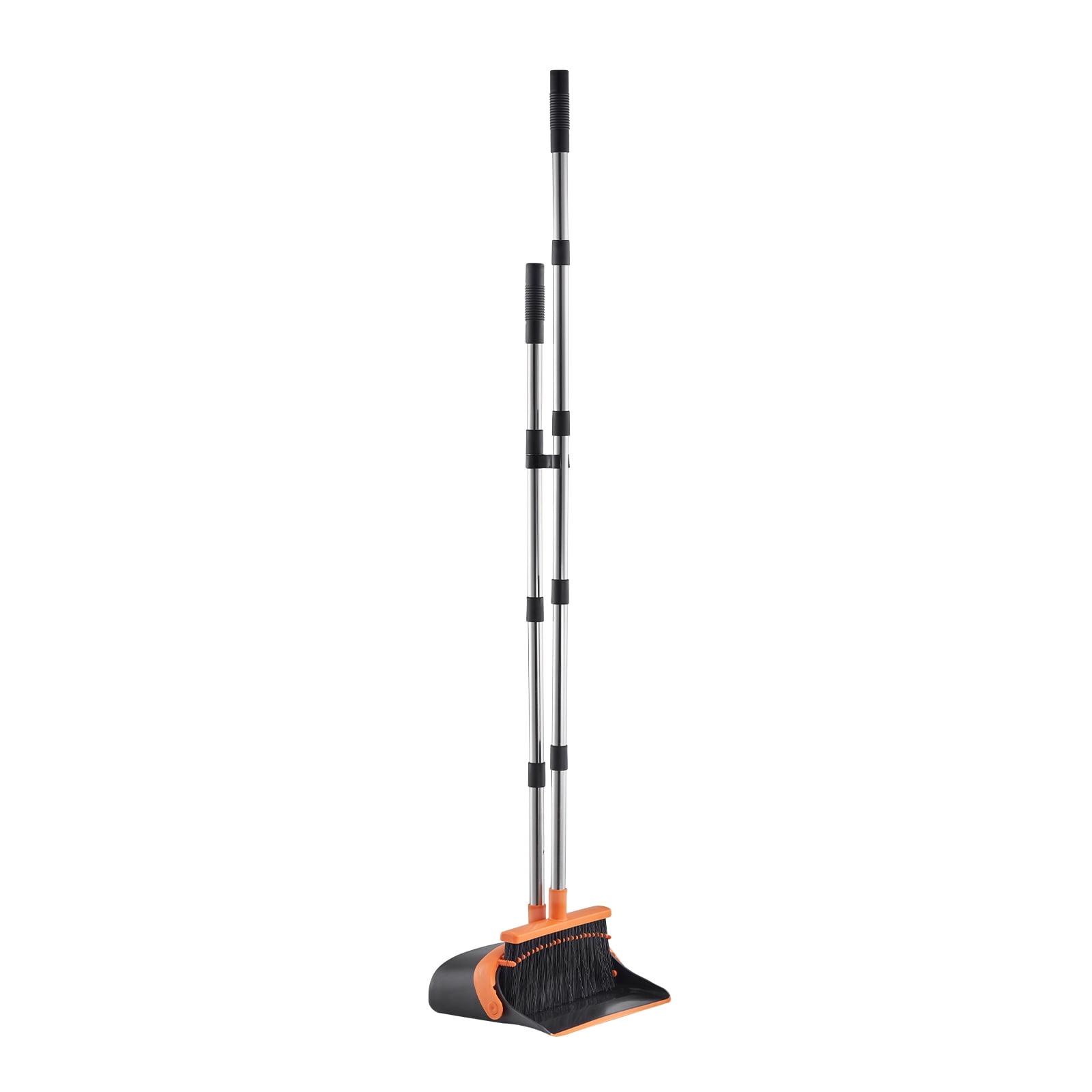 KFFKFF Broom and Dustpan Set, Durable Combo with Self-Cleaning Teeth, Upright Standing Dustpan with Long Metal Handle, Suitable for Home, Office, Restaurant, Dorm, Black and Orange