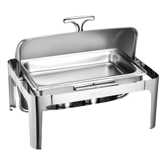 KFFKFF 9Qt Roll Top Chafing Dish Buffet Set, with Full Size Pan, Stainless Steel Rectangle Catering Warmer with Lid, Water Pan, Folding Stand, Fuel Holder, Meal Clip, Silver