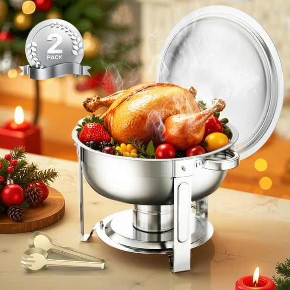 KFFKFF Buffet Chafing Dish Set, 2 Pack of 5 Qt, Crafted from Stainless Steel, Comes with 2 Full Size Pans, Round Serving Warmer with Lid, Water Pan, Foldable Stand and Clip, Ideal for Weddings