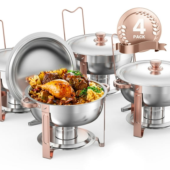 KFFKFF Chafing Dish Buffet Set, 4 Pack, 5 Qt, 201 Stainless Steel Round Buffet Chafe Warmer Set, with 4 Full Size Pans, Lid, Water Pan, Foldable Stand and Clip, for Parties, Events, Wedding, Camping