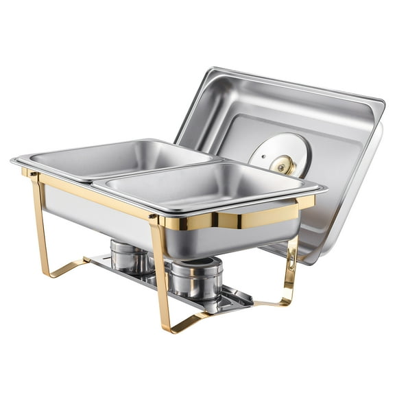 KFFKFF Buffet Serving Set, 2 Pack of 4 Qt, Crafted from Stainless Steel with 4 Half Size Pans, Rectangular Food Warmer with Glass Cover, Water Tray, Foldable Stand and Fuel Holder, Ideal for Weddings
