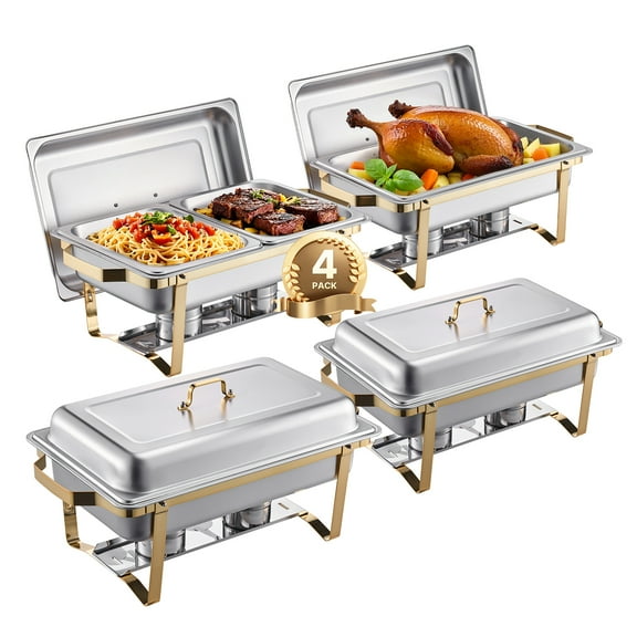 KFFKFF 4 Pack Stainless Steel Chafing Dish, 8 Qt Buffet Serving Set, with 2 Full Size and 4 Half Size Pans, Rectangular Food Warmer with Lid, Water Pan, and Stand, Ideal for Wedding, Buffets