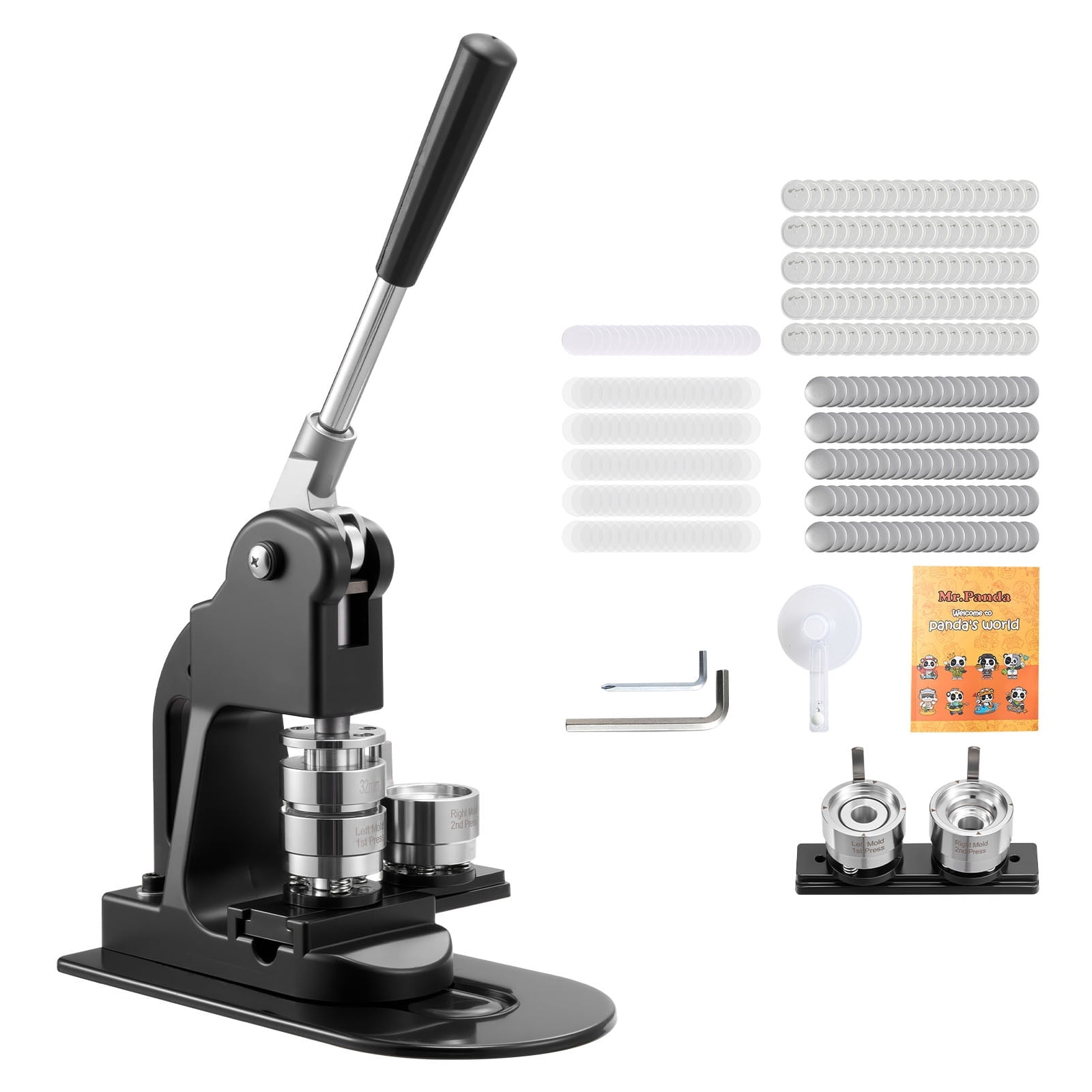 KFFKFF Button Maker Machine, 1.25 in, Badge Maker with 500 Button Components, Circle Cutter, Hex Tools, and Instruction Manual, Comfortable Grip, Ideal for Custom Badges, Pins, and Keychains, Black
