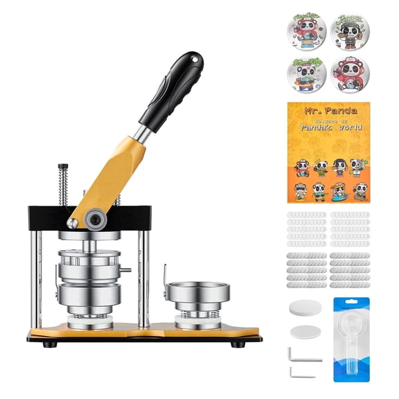KFFKFF Button Maker Machine, 2.25" / 58 mm, Durable Metal Pin Press with 100 Button Components, Circular Cutter, and Instructional Guide, Ergonomic Handle Design, Steel Die, Ideal