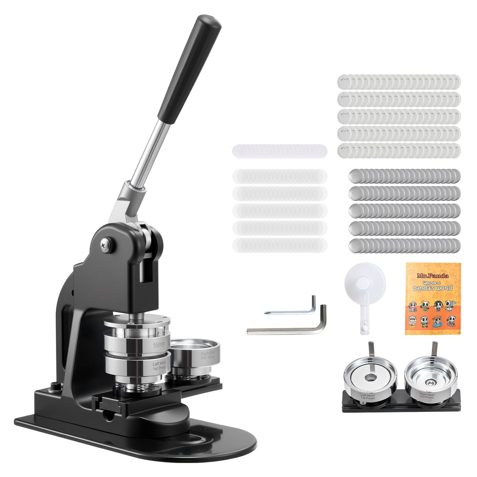 KFFKFF Button Maker Machine, 2.25 in, Badge Maker with 500pcs Button Supplies, Circle Cutter, Hex Tools, and Instruction Manual, Comfortable Grip, Ideal for Custom Badges, Pins, and Keychains, Black