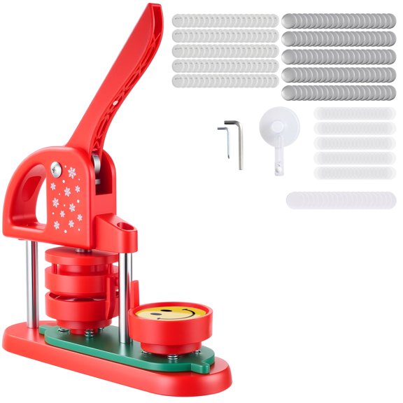 KFFKFF Button Maker Machine, 2.28 in, Plastic Pin Creator with 100pcs Button Components, Circle Cutter and Hex Tools, Sturdy Ergonomic Handle, Ideal for DIY Badges, Custom Pins and Key Chains, Red
