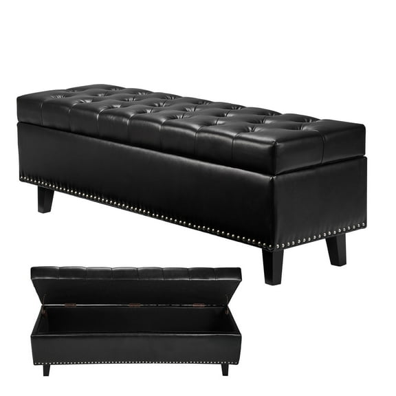 KFFKFF 51" Leather Ottoman Bench, Button-Tufted Ottoman Storage with Solid Wood Legs, Holds up to 660 Lbs, Suitable for Bedroom, Entryway, Black