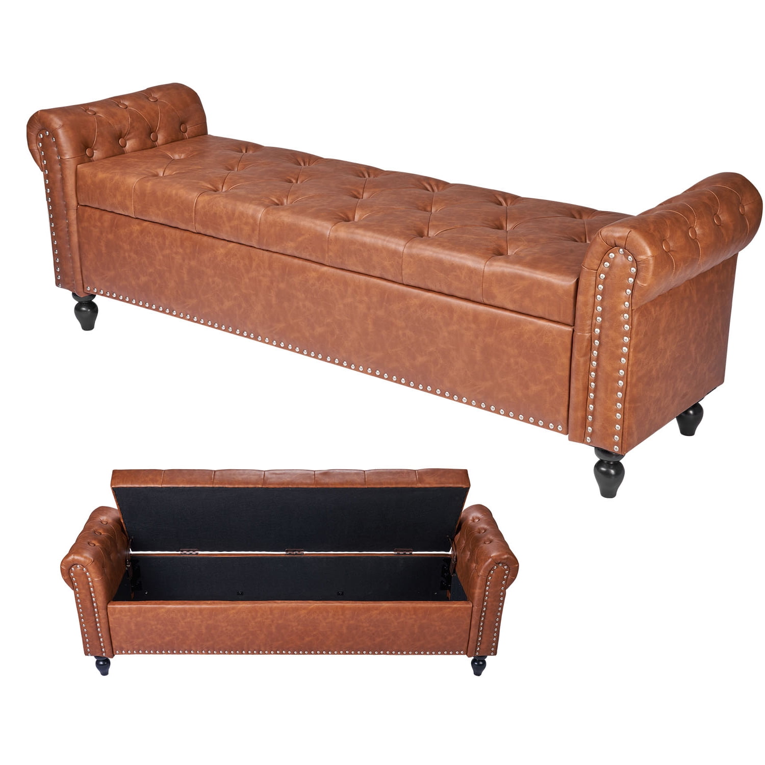 KFFKFF 65.4" Leather Ottoman Bench with Storage, Button-Tufted Rolled Arm Bench with Wooden Legs, Modern Shoe Bench Seat for Entryway, Brown