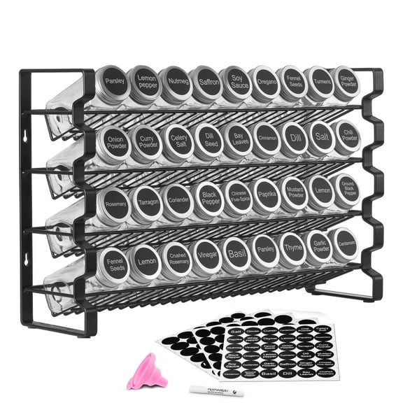 KFFKFF Cabinet Spice Storage Solution, Comes with 36 Blank Spice Containers, Caps, Spice Identifiers, and Funnel Full Kit, Condiment Arrangement for Kitchen Surface, Kitchen, Storage Room, Cabinet