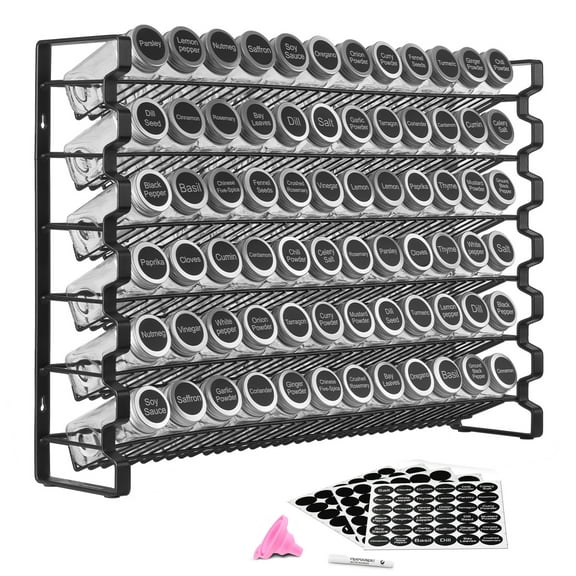 KFFKFF Cabinet Spice Storage Solution, Comes with 72 Blank Spice Containers, Caps, Spice Identifiers, and Funnel Full Kit, Condiment Holder for Kitchen Counter, Pantry, Closet