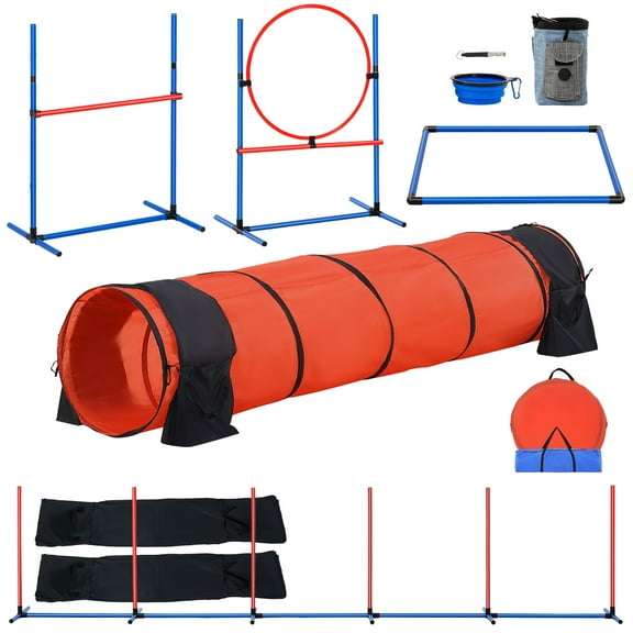 KFFKFF Canine Agility Prep Kit, 5-Piece Ensemble with Modifiable Hurdles, 6 Slalom Poles, Lengthened Tunnel, Hoop Jump, Resting Area, Whistle, Collapsible Dish, and Pet Challenge Pack in Carry Bag