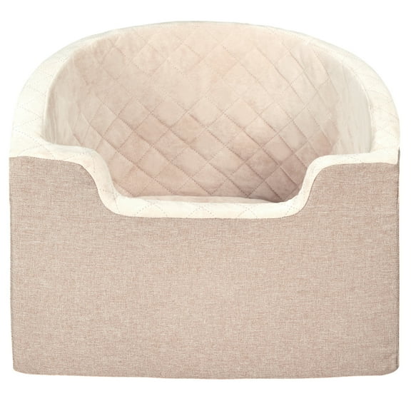 KFFKFF Canine Auto Seat, Water-Resistant Pet Booster Seat with Storage Compartment, Safety Tether, and Padded Cushion, Car Dog Bed for Small to Medium Dogs up to 55lbs, in Brown