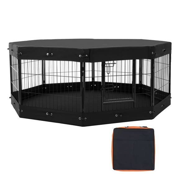 KFFKFF Canine Enclosure, 8 Segments of 24 x 24 in Collapsible Metallic Pet Activity Area, Indoor and Outdoor Canine Barrier with Entryway, Carry Sack, Overhead Shield and Base Cushion