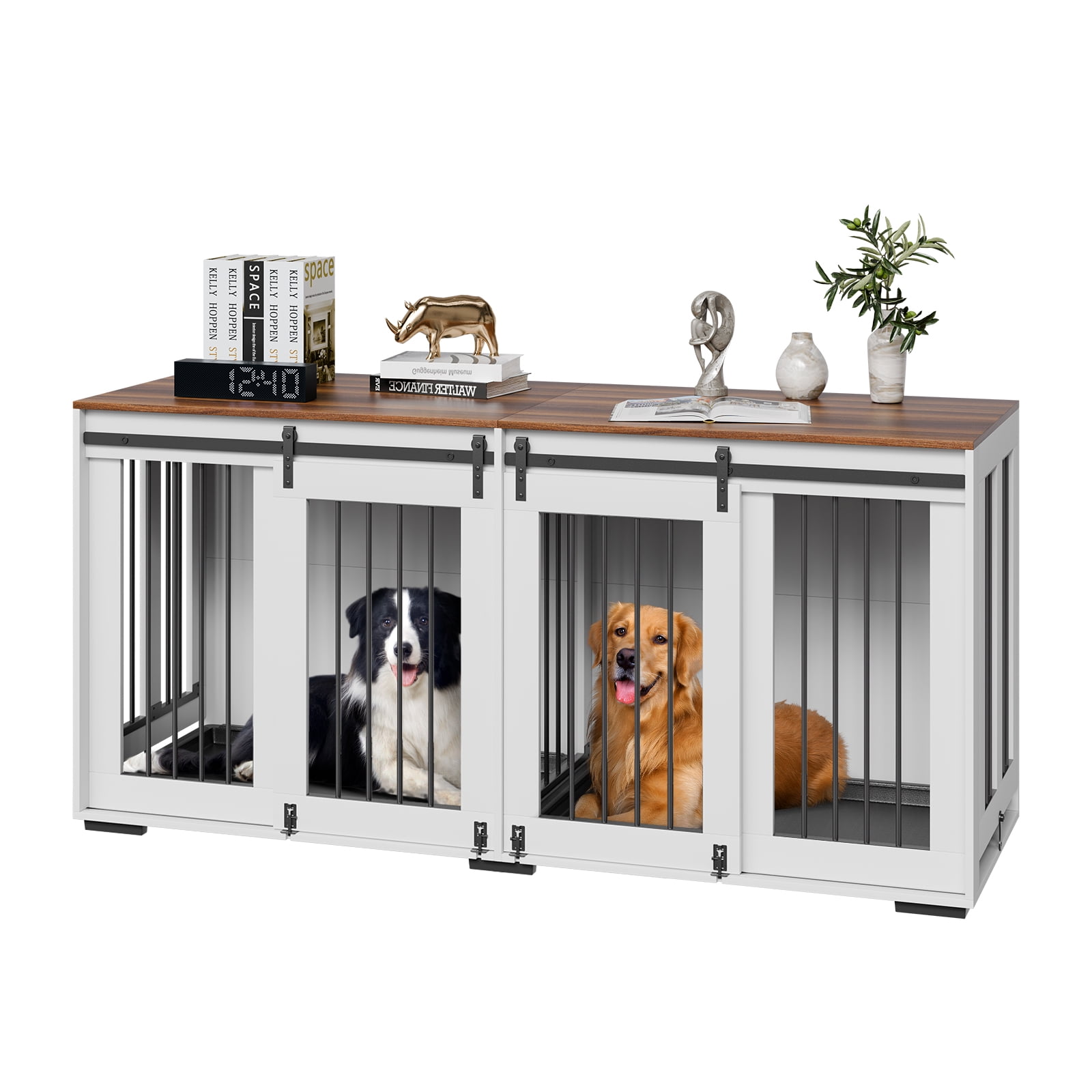 KFFKFF Canine Enclosure Furniture, 72 inch Interior Dog Pen with Dual Slide Doors, Wood Canine Crate Side Table with Detachable Tray, Versatile Dog Enclosure Table for Petite, Average, Big Dogs