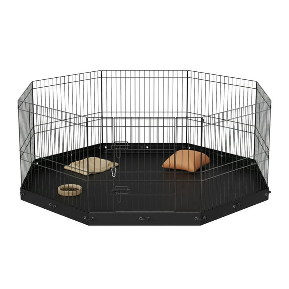 KFFKFF Canine Play Area, 8 Panels Dog Playpen with Base Mat, 24" Collapsible Iron Canine Activity Enclosure, Pet Barrier Puppy Cage Playhouse with Earth Anchors