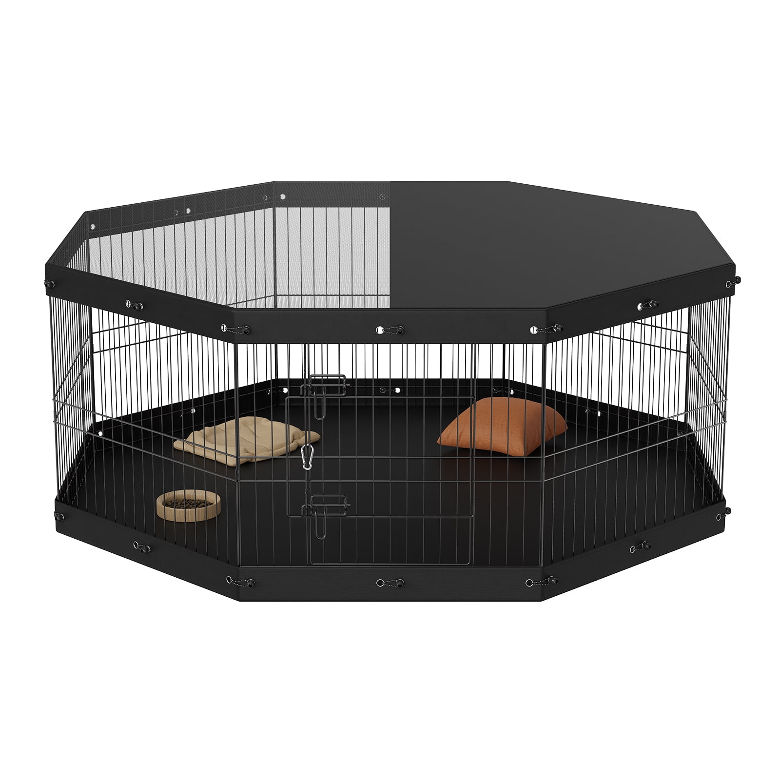 KFFKFF Canine Play Area, 8 Panels Dog Playpen with Cover and Mat, 24" Octagonal Collapsible Iron Pet Exercise Enclosure, Pet Barrier Puppy Cage Shelter, Indoor Outdoor Pet Play Zone