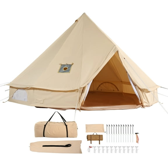 KFFKFF Canvas Bell Tent, All-Season 4m/13.12ft Yurt, Camping Canvas Tent with Stove Jack, Ventilated Tent for 6 Persons, Ideal for Family Camping, Outdoor Hunting Gatherings