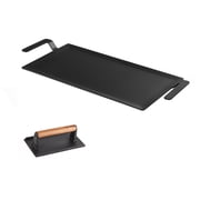 KFFKFF Carbon Steel Griddle 20x10 in Flat Top Pre-Seasoned Plate with Handle, Ideal for BBQ, Eggs, Burgers, Non-Stick, Portable Rectangular Cookware with Meat Press, Suitable for Outdoor Gas Grill