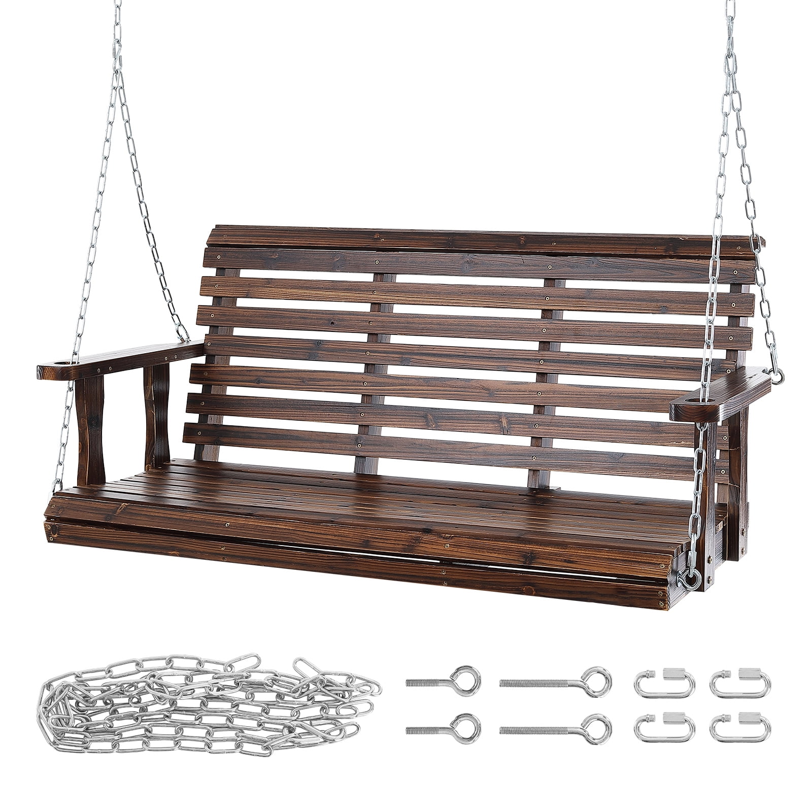 KFFKFF Carbonized Brown Wooden Swing 4.5 ft, Outdoor Patio Swing Bench for Backyard \u0026 Garden, Enhanced 880 lbs Capacity, Durable Outdoor Bench Swing with Chains, Ideal for Patio Use
