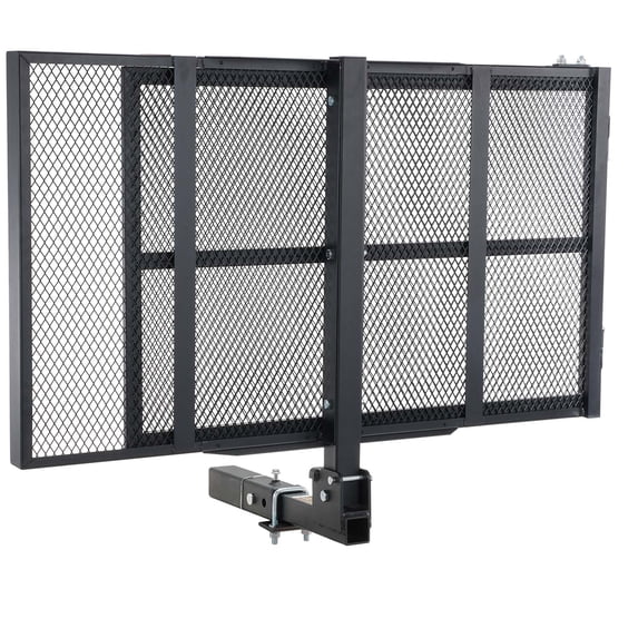KFFKFF Hitch Mount Cargo Carrier, 45.3" x 25.6" Iron Rack with Foldable Ramp, Basket Hitch Rack with Secure Straps and Stabilizer, 500LBS Capacity Scooter Carrier Compatible