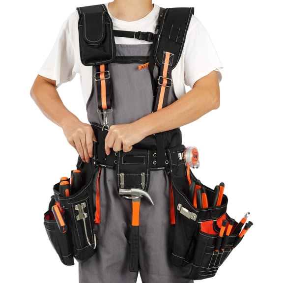 KFFKFF Carpenter's Rig with Shoulder Straps, Durable 1680D Fabric, 29 Compartments, Waist 29-54 in Adjustable, Men's Utility Belt for Construction, Electrical Work, and Gardening, Black