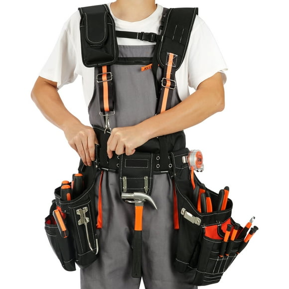 KFFKFF Carpenter's Rig with Shoulder Straps, Durable 1680D Fabric, 29 Compartments, Waist 29-54 in Adjustable, Men's Utility Belt for Construction, Electrical Work, and Gardening, Black
